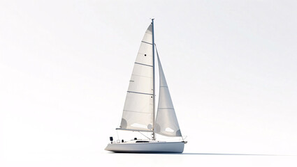 A sleek sailboat with fully deployed sails glides peacefully across calm water, set against a bright, high-key white background that emphasizes serenity.