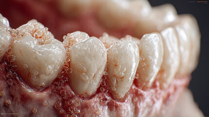 Close up image of human teeth with detailed texture and clarity, showing bubbles on surface, highlighting dental health and hygiene