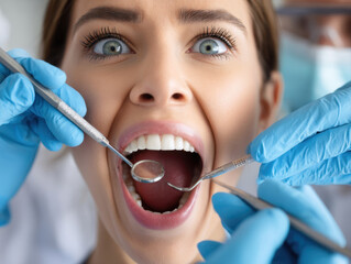 Woman with open mouth looks surprised during dental checkup, as dentist uses tools to examine her teeth. dentist wears blue gloves, and setting is dental clinic