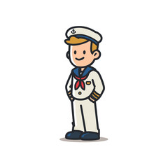 Obraz premium Cute cartoon sailor boy character in a traditional white naval uniform with a captain's hat featuring an anchor emblem stands smiling with hands in his pockets