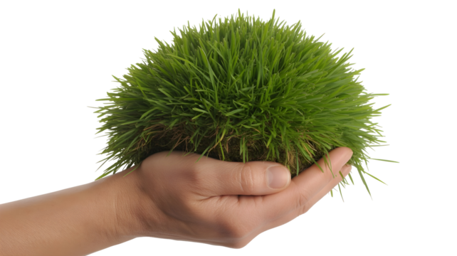 A hand holding a green grass clump isolated on transparent white background - Powered by Adobe