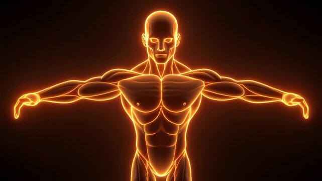 Captivating glowing human body concept, a radiant digital scan showcasing detailed muscular anatomy and biological structure, symbolizing health, technology, and scientific innovation