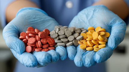 Gloved hands holding various colored pills, including red, gray, and yellow tablets, suggesting focus on pharmaceuticals and healthcare