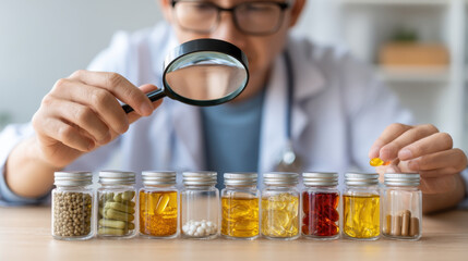 Pharmacist examines various supplements with magnifying glass, focusing on dosage accuracy. scene includes jars of different colored capsules and tablets, emphasizing precision and care