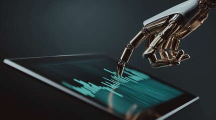 The intricate details of a metallic robotic hand interacting with a digital tablet displaying financial data. Reflecting the convergence of technology and economics.