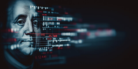 The portrait of Benjamin Franklin, integrated with digital data streams and symbolizing the complex and evolving world of finance and technology.