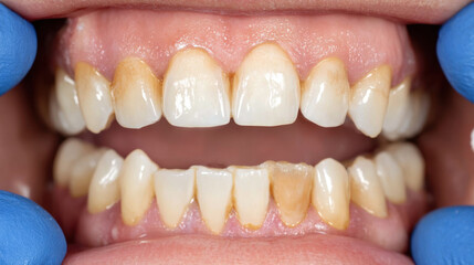 Close up view of person teeth showing discoloration and plaque buildup, with dentist gloved hands inspecting mouth. image highlights dental health issues