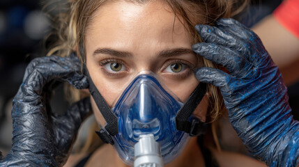Person with intense eyes is wearing oxygen mask, adjusted by gloved hands, conveying sense of urgency and care