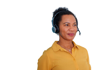 Female call center agent wearing headset providing customer support, offering helpline service