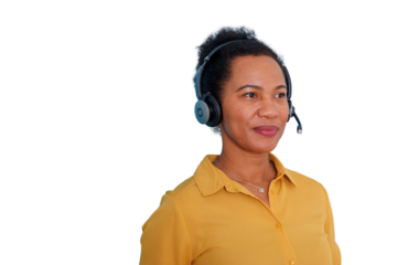 Female call center agent wearing headset providing customer support, offering helpline service