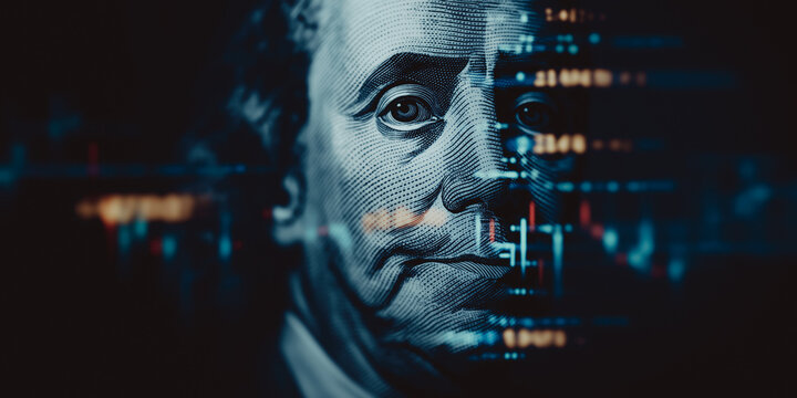 An artistic depiction of financial data intertwined with a portrait, blending the concepts of finance and technology to create a visual representation of the modern economic landscape. - Powered by Adobe