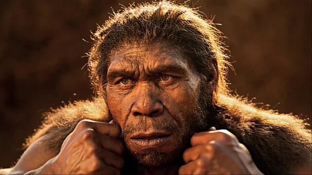 Realistic portrait of a neanderthal man with thick hair and brow ridge, dramatic warm lighting, ancient human ancestor