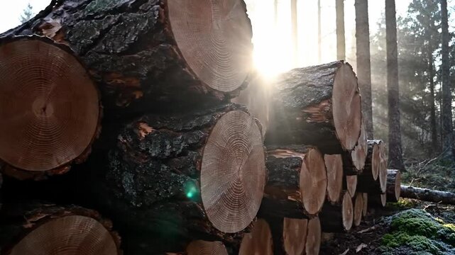 Sunlight Illuminates Stacked Hardwood Logs in a Forest Setting