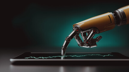 An advanced robot hand precisely interacts with a digital tablet, illustrating technological progress and futuristic innovation.