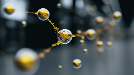 Close-up of interconnected golden spheres, symbolizing innovation and scientific progress. The image is a study of structure, light, and concept.