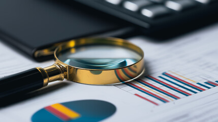 A magnifying glass meticulously examines intricate charts and graphs, revealing the details of financial data and business analysis. 