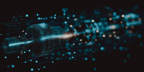 A visually striking, high-tech industrial design of a glowing mechanical component, rendered with dynamic digital effects, showcasing intricate detail and a futuristic aesthetic.