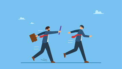 Businessmen colleagues partner passing baton while running to achieve success. Business baton pass, relay, job handover or partnership and teamwork to help winning business.