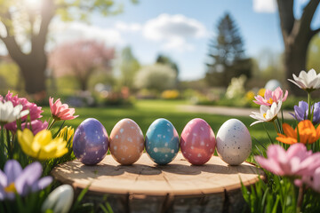 Happy easter sunday celebration with colorful eggs and flowers in a beautiful garden