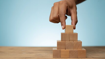 Close-up of adult hand placing the final wooden block on a small pyramid of ten light-brown wooden cubes on a wooden surface with soft pastel blue background