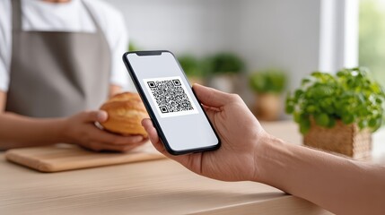 Hand holding smartphone displaying QR code for payment, while receiving freshly baked pastry from barista in modern cafe with greenery and warm ambiance