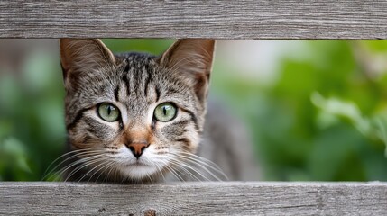 Striped domestic cat with bright green eyes peering through a wooden fence, surrounded by lush greenery, showcasing curiosity and playful demeanor in a natural setting