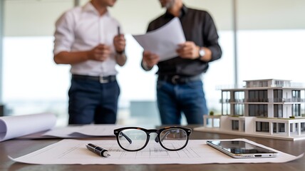Close-up of architect's desk with blueprints, black-rimmed glasses, pen, smartphone, and detailed building model; two blurred male figures discussing plans in bright office background