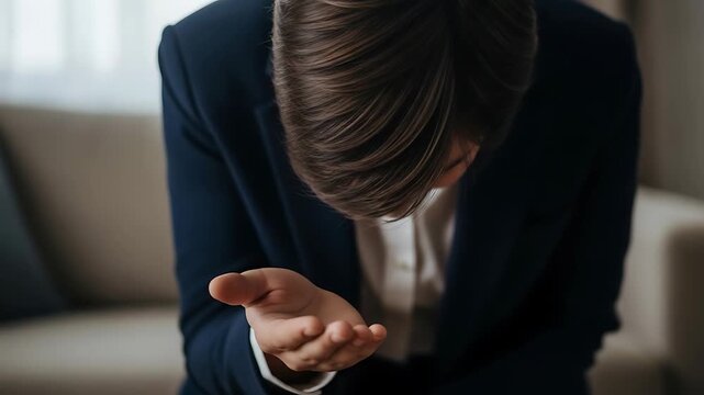 business professional reaches out with hand toward camera in navy blazer