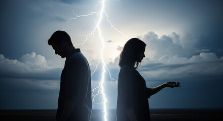 Silhouettes of a man and a woman turning away from each other, separated by lightning. The couple faces separation, relationship crisis, emotional distance, feelings of loneliness and divorce.