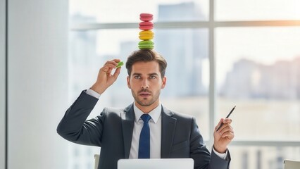Businessman balancing colorful sticky notes.