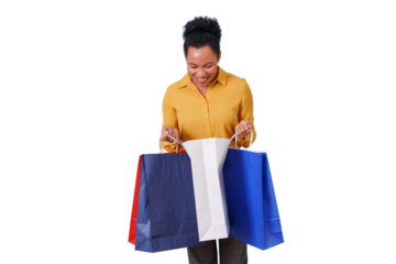 Happy woman enjoying shopping, holding colorful bags with recent purchases, transparent background