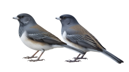 Two dark eyed birds with gray, white, and brown feathers standing side by side on transparent white background