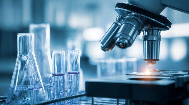 Microscope with laboratory glassware in modern science lab representing research, medical analysis, biotechnology testing, chemistry experiments and scientific innovation