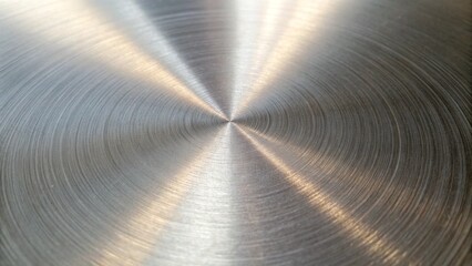 Closeup of a circular brushed metal texture with concentric circles and a shiny, reflective surface
