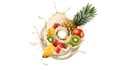 Tropical fruit medley in creamy splash: Vibrant tropical fruit composition with splashes of creamy liquid, offering a burst of flavor and visual appeal, and creating a feeling of refreshment.