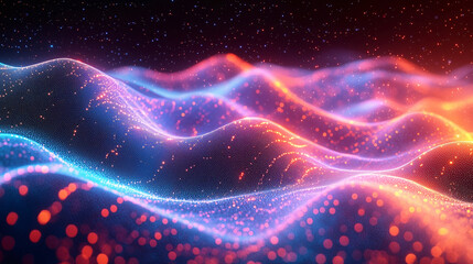Modern abstract wallpaper with flowing light waves and glowing particles. Creative design, technology visuals, presentations, apps, digital branding. Background for computer, dreamy screensaver.
