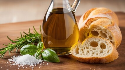 Olive Oil and Crusty Bread on Wooden Table.