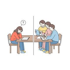 Group studying while one student feels confused at a table  