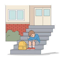 Young boy sitting on stairs with backpack looking sad outdoors  
