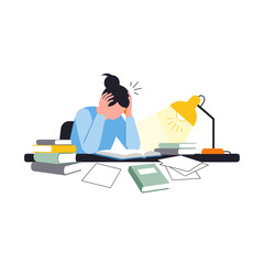 Student feeling overwhelmed while studying at desk with books  