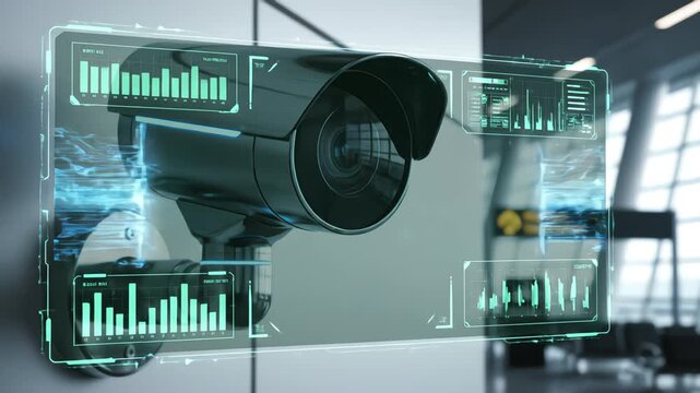 An advanced AI security camera in an airport terminal activates a holographic interface, performing a biometric scan and data analysis of a person for identification and threat detection