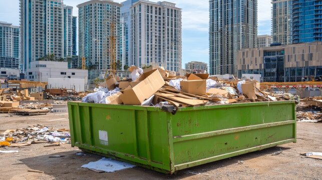 Overflowing green construction dumpster filled with cardboard boxes building waste at urban site, representing waste management, recycling, renovation debris, sustainability and city construction work