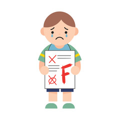 Sad boy holding a report card with an F grade and tears  