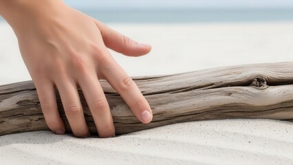 Hand Touching Driftwood on Sandy Beach.