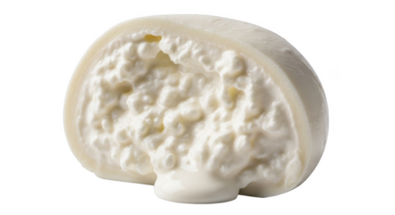Half sphere of fresh white mozzarella cheese with creamy interior and dripping liquid on black background