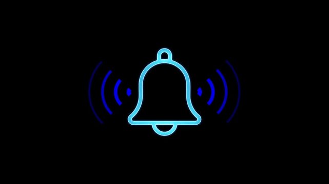 Neon light animation of ringing bell icon signaling alert or notification on black background