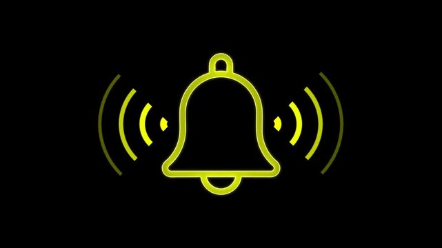 Yellow glowing neon notification bell ringing with pulse sound waves on dark black background
