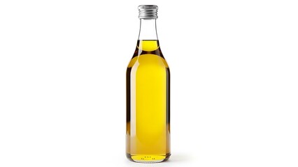 A clear glass bottle of golden yellow oil stands isolated on white