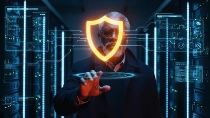 A man in a server room interacts with a glowing shield, data surrounding - Powered by Adobe