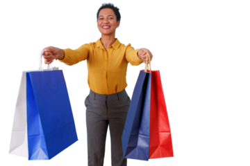 Woman smiling and holding colorful shopping bags, offering retail sales and consumerism on transparent background